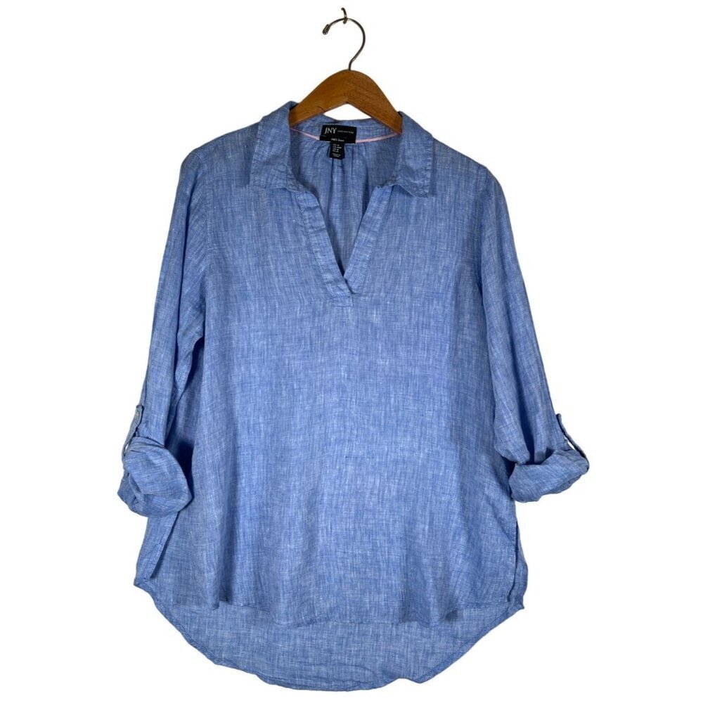 JNY Womens Size M Blue 100% Linen Tunic Top Popover Split V-Neck Roll Tab Sleeve